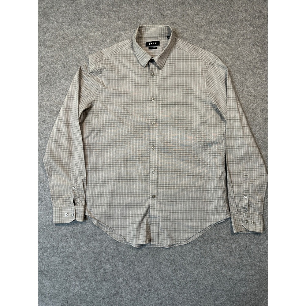 DKNY Mens Slim Fit Stretch Grid Check Button Down Shirt Grey‎ White L